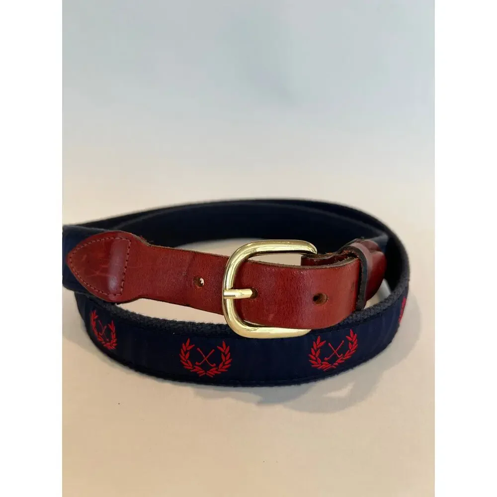 Vintage Golf Club Belt Leather and Fabric Solid Brass Buckle Size 42 SG